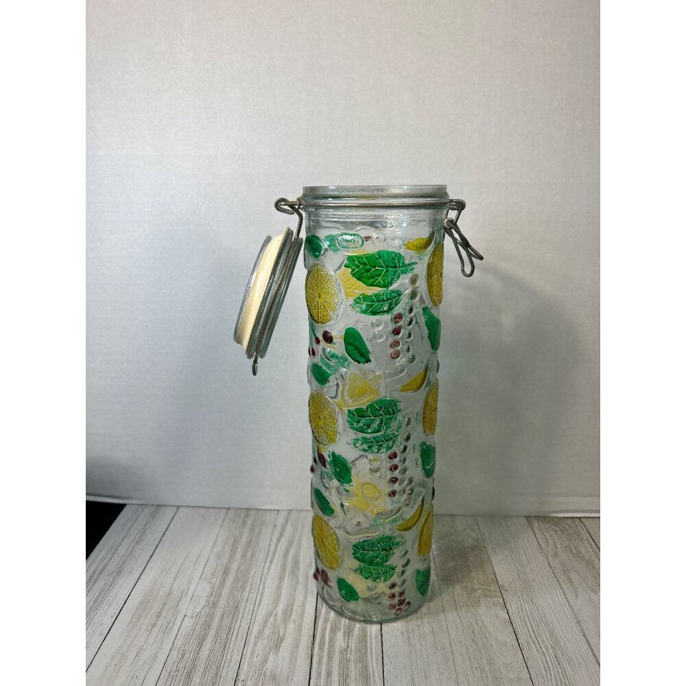 Vintage Canister Jar Storage Glass Fruit Embossed Wire Bale Lid - Set Of 3 - Picture 2 of 10